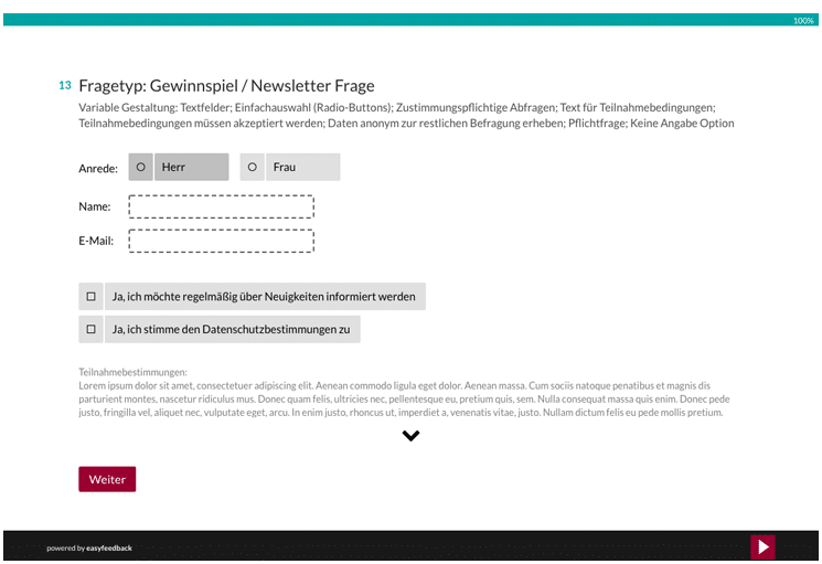Fragetyp Gewinnspielspiel und Newsletterfrage