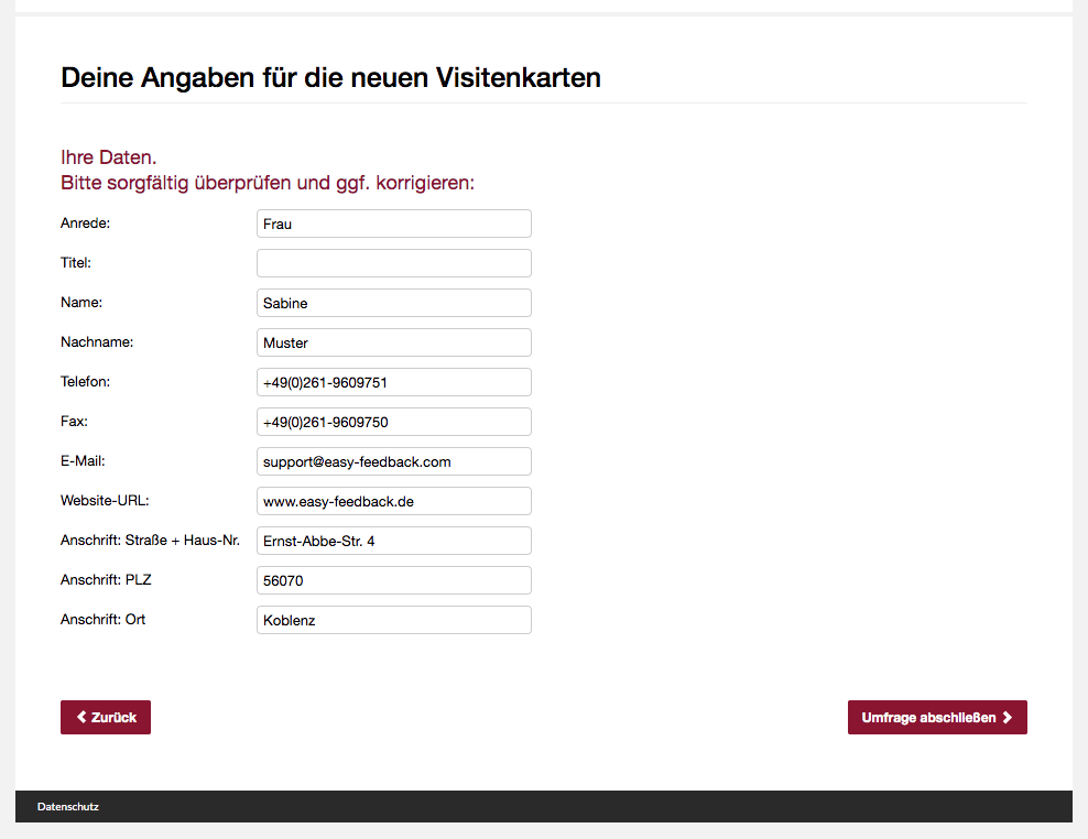 Umfrage Visitenkarte Dateneingabe