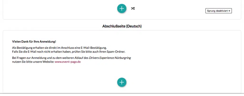 Abschlußsseite Event anmeldung
