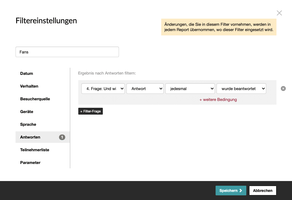 Filtereinstellungen für die Auswertung