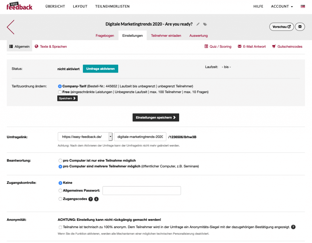 Einstellungen der Umfrage