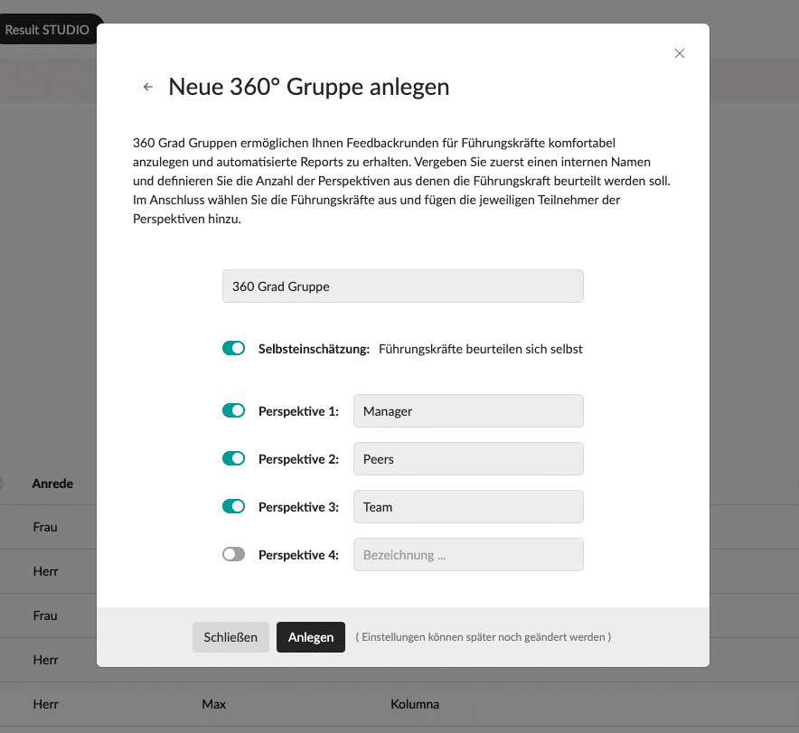 360 Grad Feedback Perspektiven anlegen