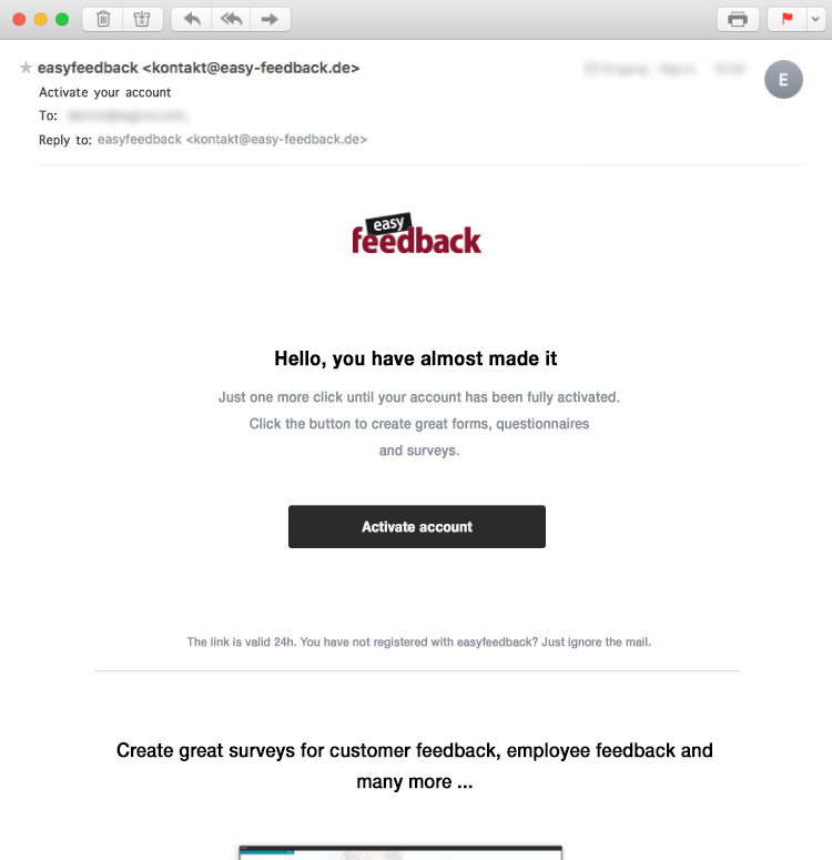 Confirmation mail for activating your account