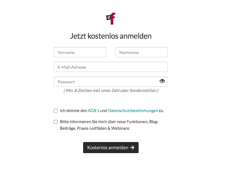 Registrierungsformular von easyfeedback