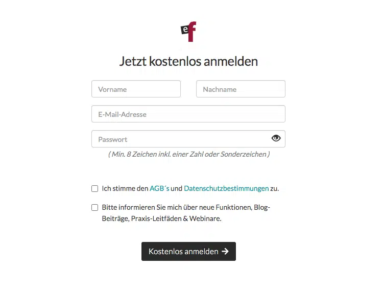 Registrierungsformular von easyfeedback