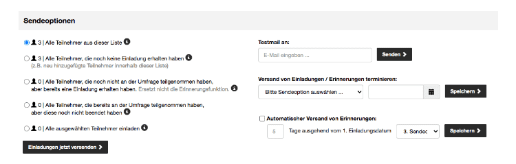 Sendeoptionen für die Einladung der Teilnehmer