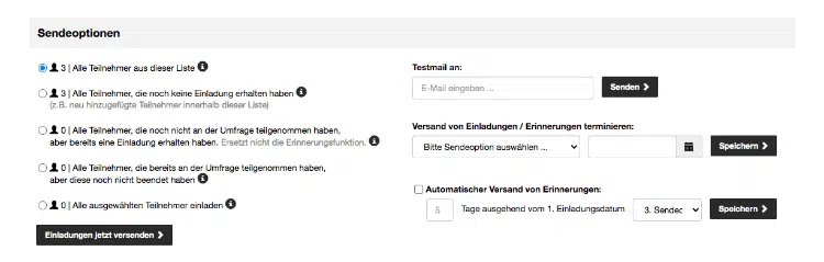 Sendeoptionen für die Einladung der Teilnehmer