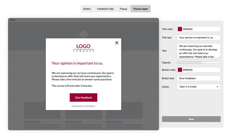 Website Integration via focus layer