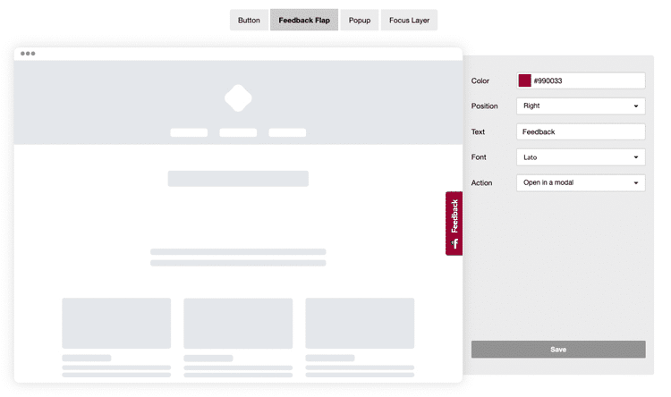 Website integration via feedback flap