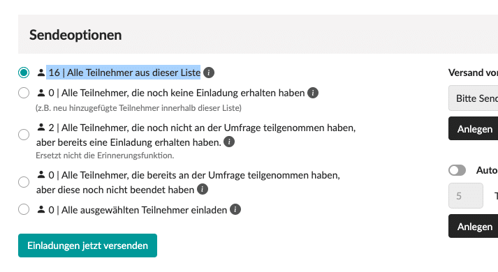 Sendeoptionen für die Einladung der Teilnehmer