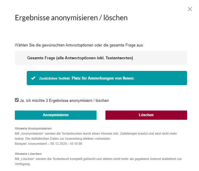 Ergebnisse anonymisieren oder löschen checkbox
