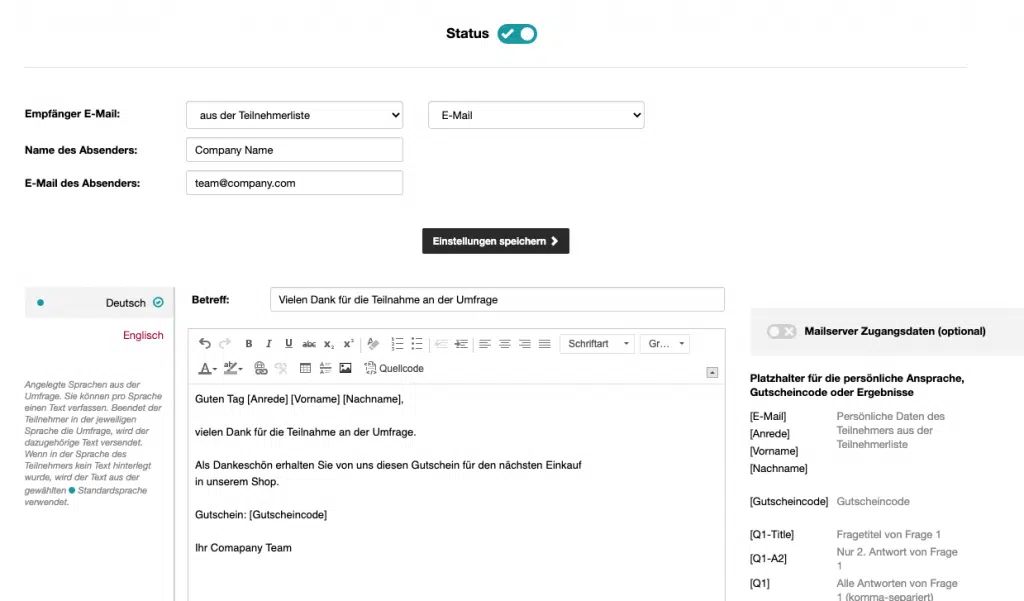 Email nach einer Teilnahme an einer Umfrage versenden