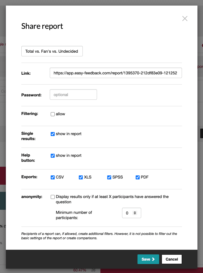 Evaluate survey results save results as report
