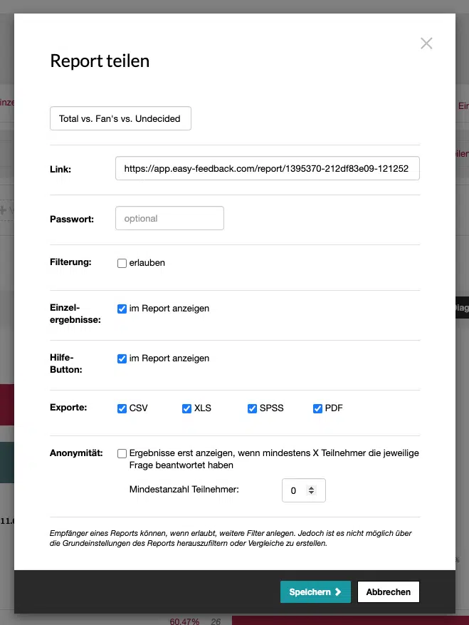 Umfrageergebnisse Ergebnisdarstellung als Report teilen