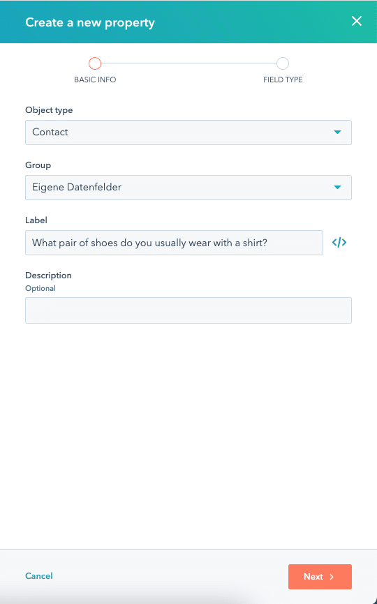 Create new property in Hubspot Step 1