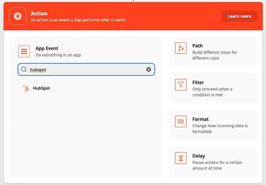 Hubspot als App für die Action in Zapier wählen