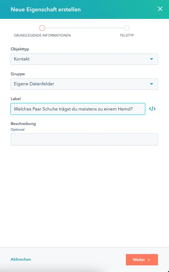 Neue Eigenschaft erstellen in Hubspot Schritt 1