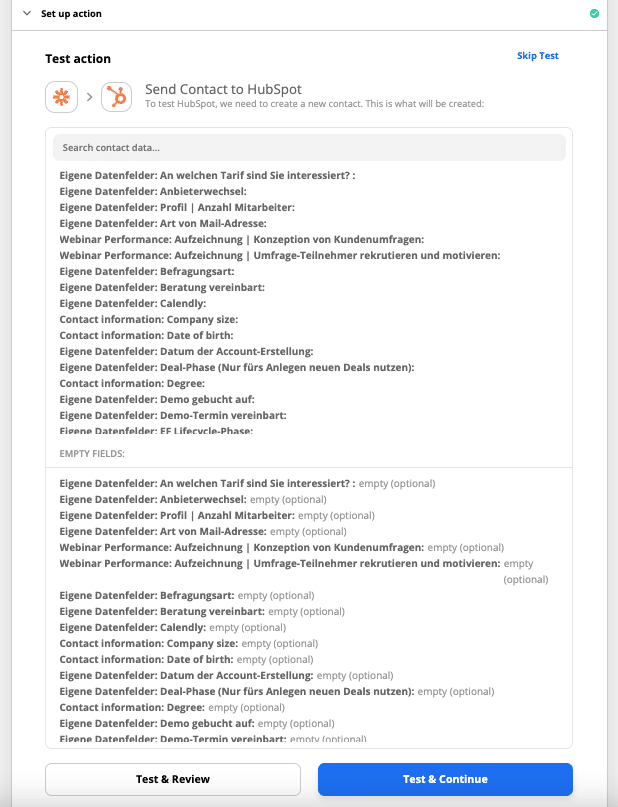 Test Zap by sending Contact to Hubspot