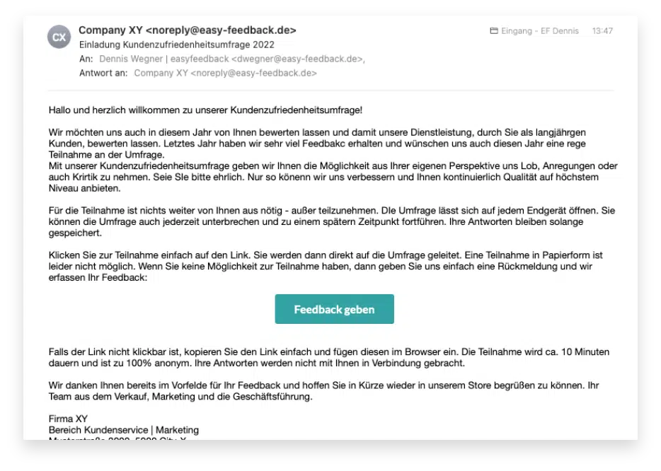 Sehr gut sichtbare Platzierung der Umfrage in der E-Mail Einladung