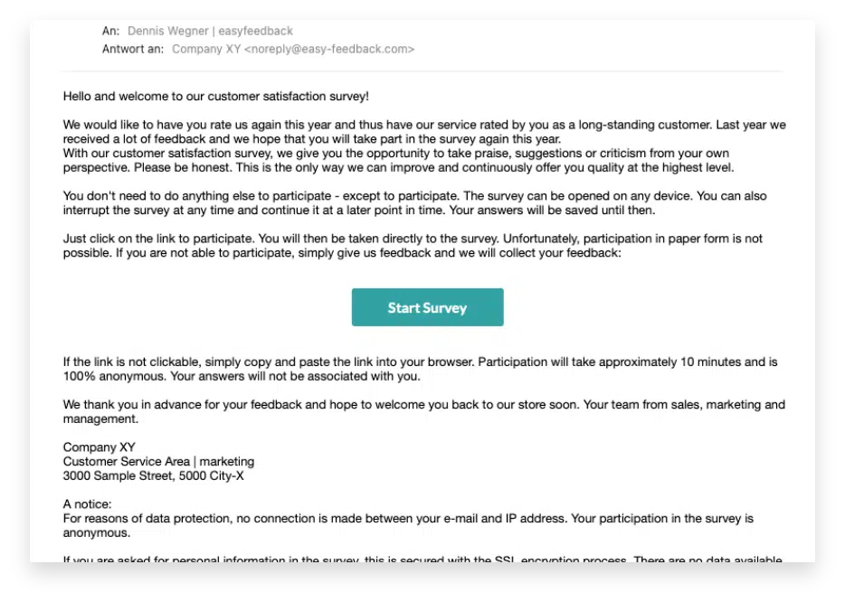 Very well visible placement of the survey in the e-mail invitation