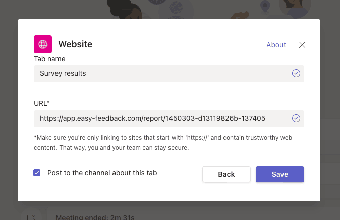 Fill in the name of the registration card and URL in Microsoft Teams