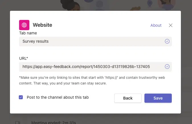 Fill in the name of the registration card and URL in Microsoft Teams