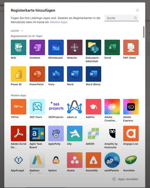 Neue Registierkarte Website in Microsoft Teams auswählen