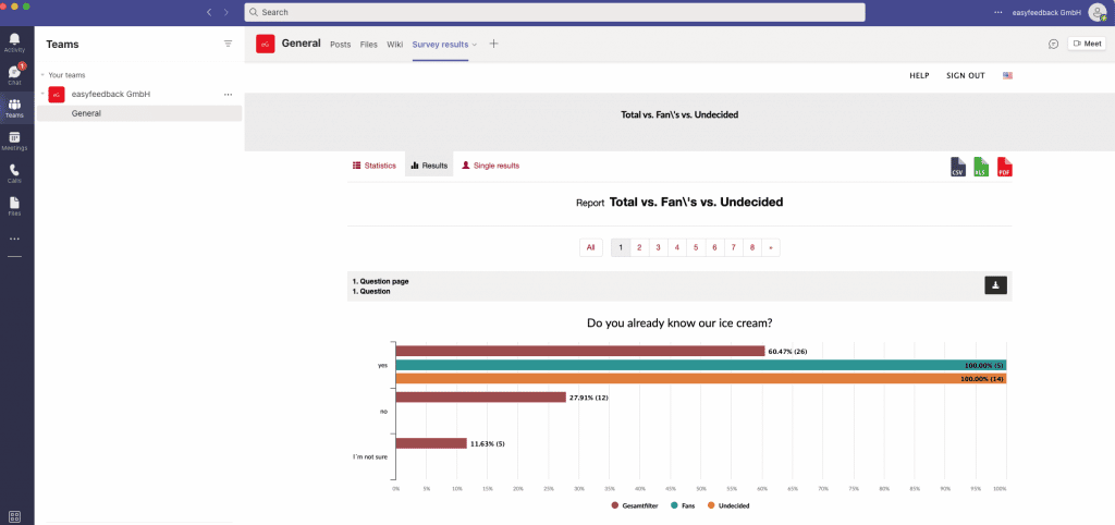 Survey results are displayed in Microsoft Teams