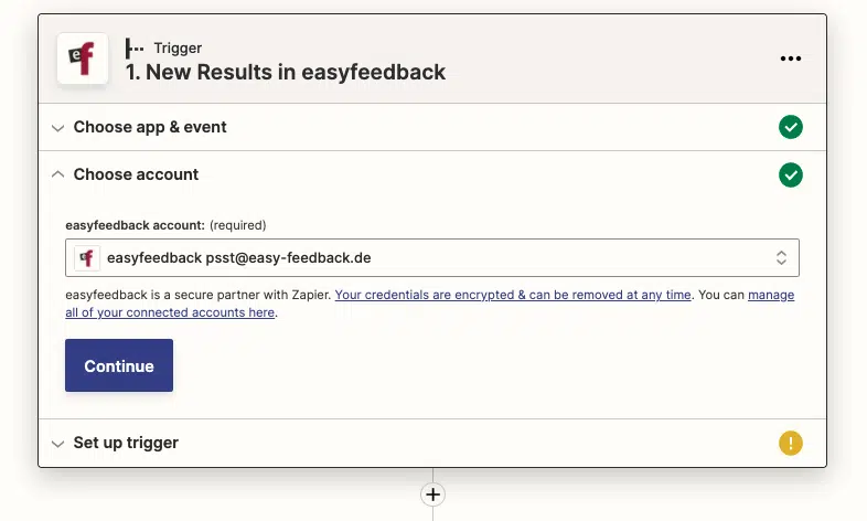 5. Wähle deinen easyfeedback-Account aus