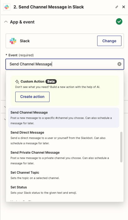 Send Channel Message als Event auswählen