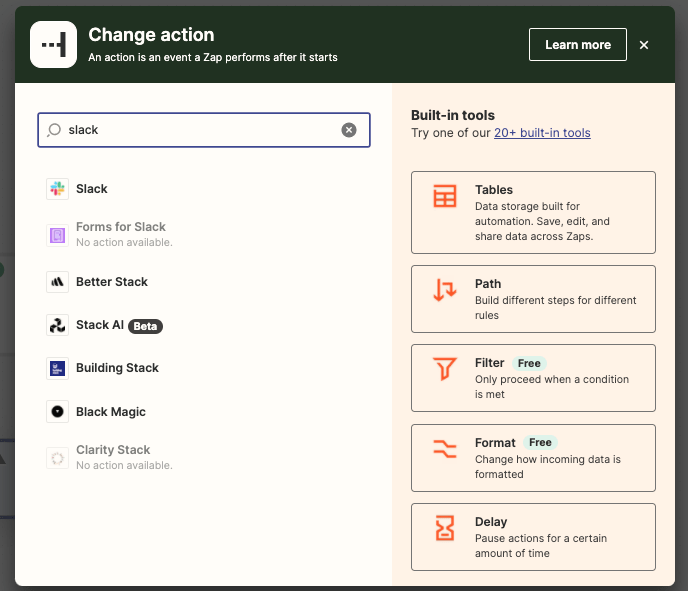 Slack als nächste Aktion wählen