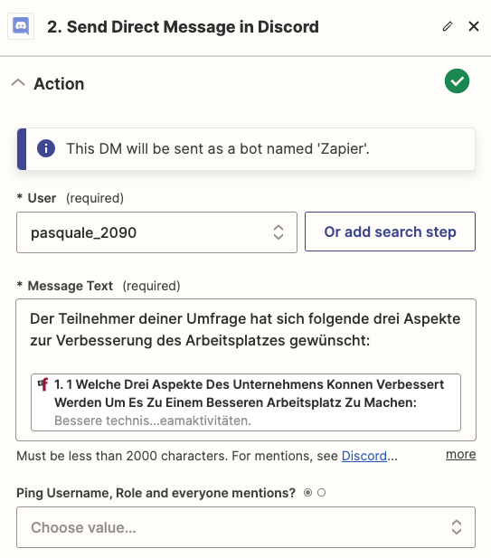 Datenfelder für die Message Text auswählen