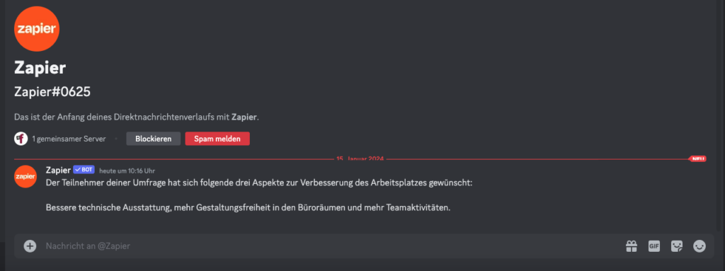 Ergebniss der Discord Intergration über Zapier