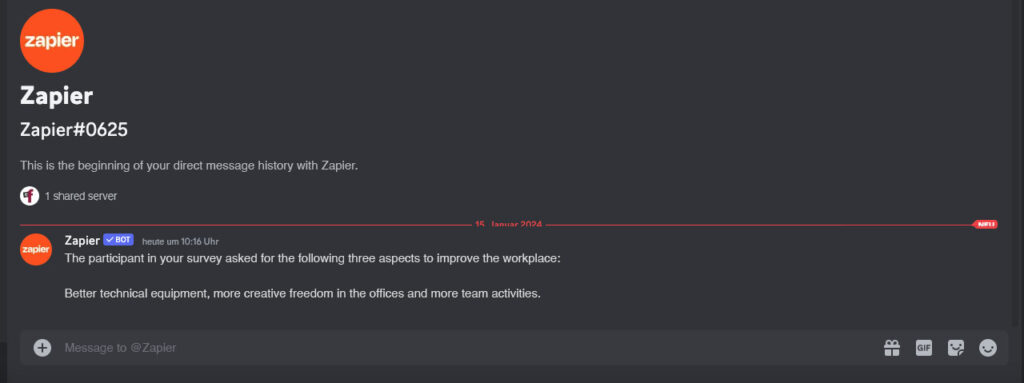Result of the Discord integration via Zapier