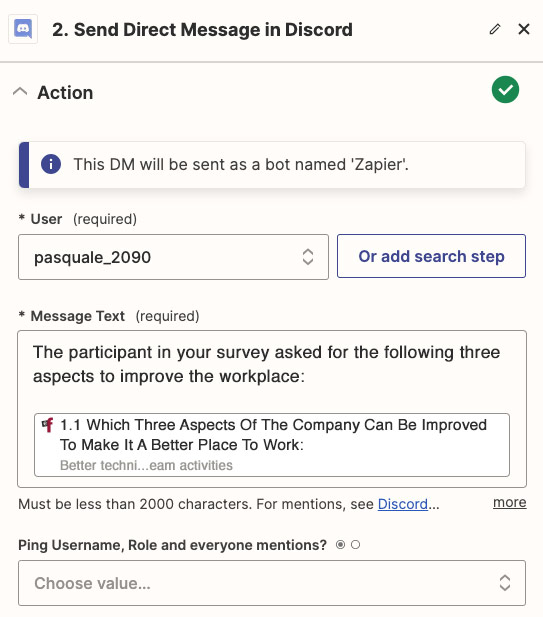 Select data fields for the message text