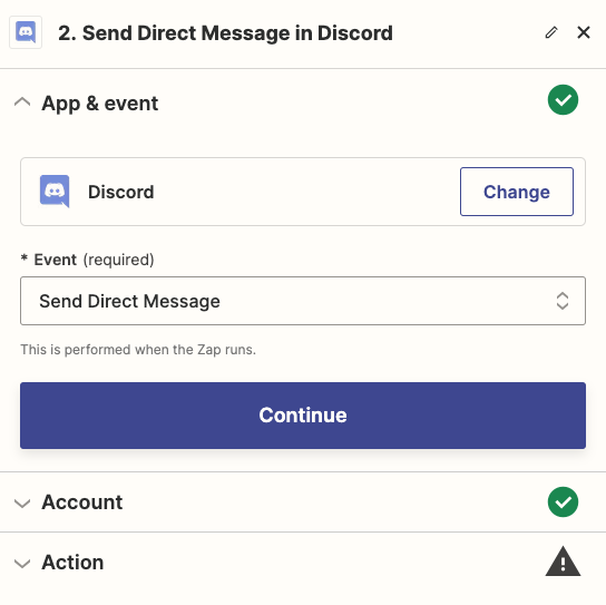 Send Direct Message als Event auswählen