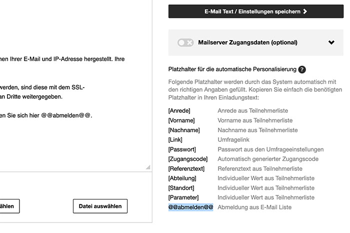 Platzhalter Abmelden im E-Mail Text